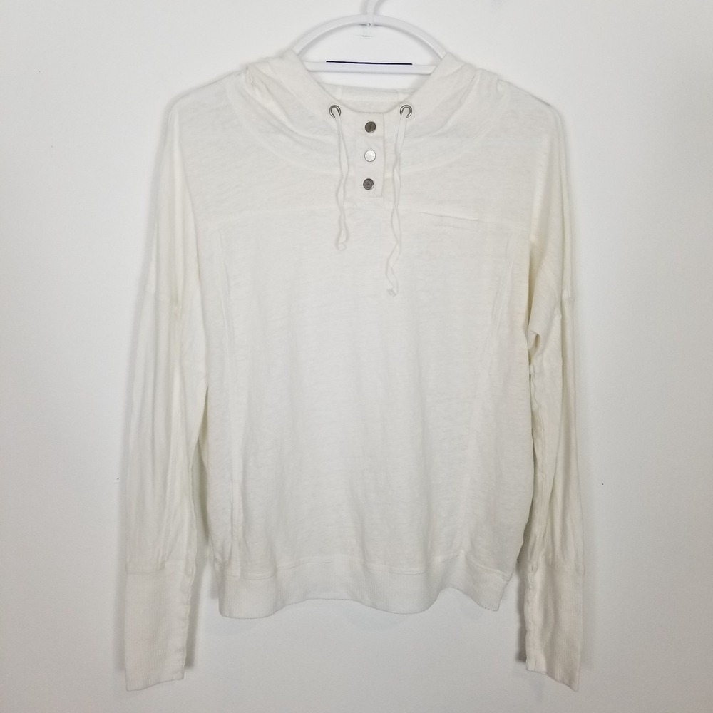 Eileen Fisher Women Linen Slub Knit Snap Button Hoodie Sz XS White Long Sleeve
